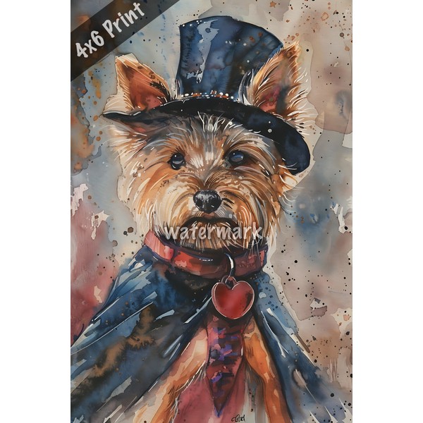 Dog Yorkshire Terrier in a magicians cape watercolor Art 4x6