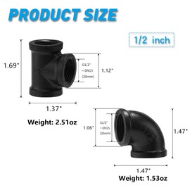 Home TZH 1/2" Black Thereaded Tee & Elbow, 40 Pack Industrial Cast Malleable Iron Pipe Fitting for Steampunk Vintage DIY Pipe Decor Project/Furniture/Shelving Decoration (20 Elbow+20 Tee, 1/2")