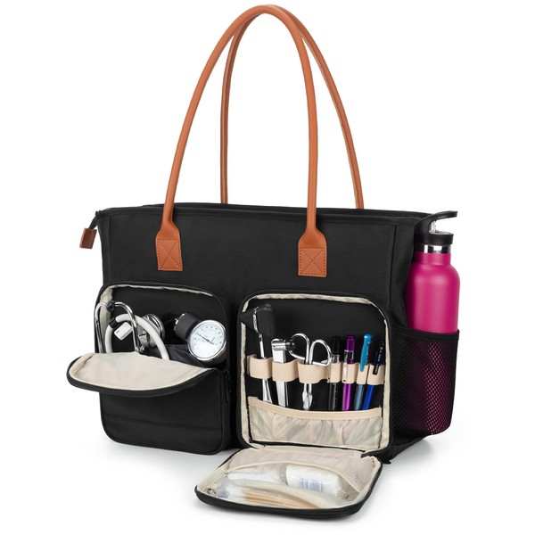 CURMIO Nurse Tote Bag, Portable Medical Bag with Padded Laptop Sleeve for Nursing Work, Home Visits, Health Service, Black (Bag Only)