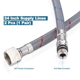 WOWOW 24" Length Faucet Supply Line, Bathroom Kitchen Faucet Lines Braided Nylon Sink Hose,cUPC Faucet Supply Lines 3/8" Female Compression Thread × M10 Male Connector 2Pcs (1 Pair)