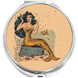 NewCharms Vintage Mermaid Compact with Mirrors - Perfect Pocket and Purse Size Folding Mirror for Applying Make Up Anywhere