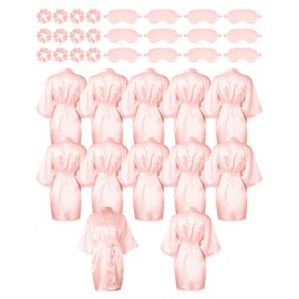 Wesiti 12 Pack Satin Women Robes Kimono Robe Bulk with Sleeping Mask and Hair Tie Sets Silky Bathrobes for Birthday Wedding Party (Pink)