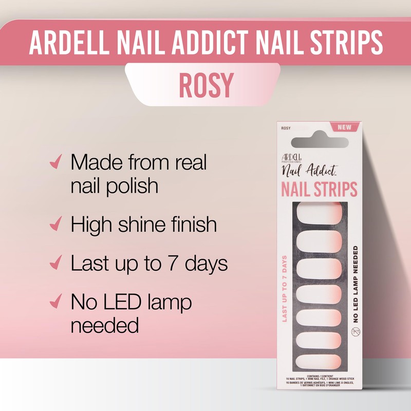 Ardell Nail Strips - Rosy, Easy-to-Apply Nail Wraps, Longer-Lasting Stickers,