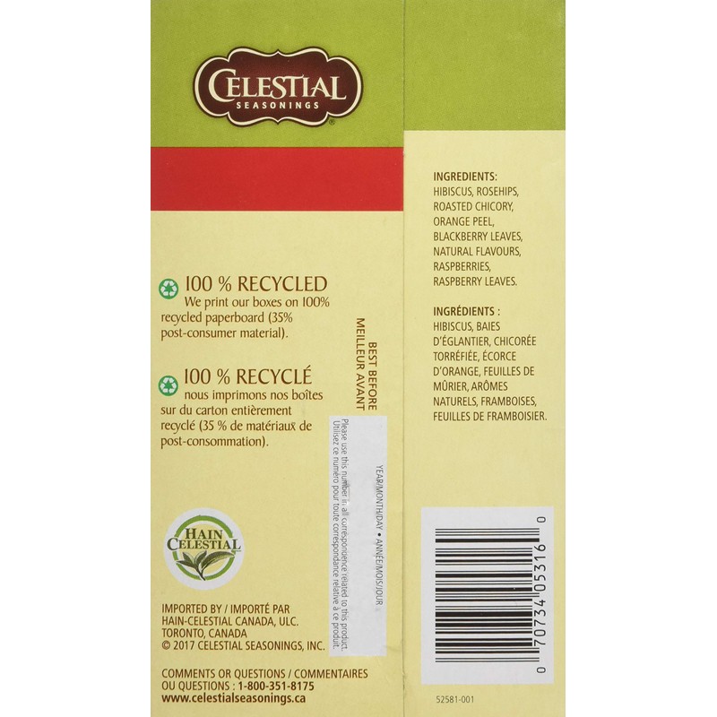 Celestial Seasonings Raspberry Zinger Herbal Tea, Caffeine Free, 20 Tea