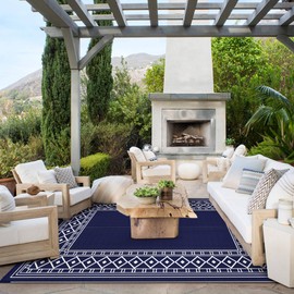 GENIMO Outdoor Rug Waterproof for Patio Decor, 6'x9' Foldable Reversible Plastic Straw Carpet for Travel Trailers, Outside Area Mat for Rv, Deck, Picnic, Porch, Camper, Balcony, Beach, Blue & White