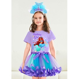 Doctor Unicorn Birthday Girls Mermaid Outfit Set Costume Tutu Skirt Dress, Mermaid Birthday Shirt, Headband & Satin Sash (Purple-2, 8-9 Years)