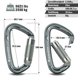 FresKaro Climbing Carabiner, Large HMS Screw Carabiner, Quick Release and Heavy Duty, UIAA Certified Carabiner for Mountaineering, Abseiling, Dog Leads, Strong, Pack of 2, Grey