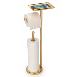 Gold Toilet Paper Holder with Shelf, Freestanding Tissue Holder Stand with Storage Space for Extra 4 Toilet Paper Rolls (Stainless Steel Base, Gold)