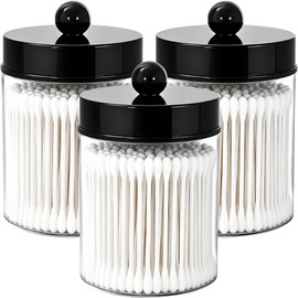 AXX Qtip - Tarros de boticario para baño – Qtip - Tarro de almacenamiento de plástico transparente para hisopo de algodón, Q-Tips, rondas de algodón (F# negro, 3 piezas)