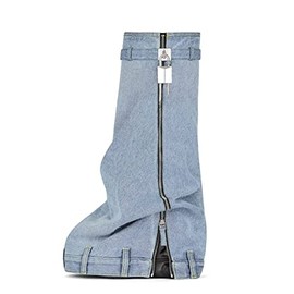 MissHeel Padlock Boots for Women Knee High Shark Boots Fold Over Blue Denim Boots Platform Wedge Boots Wide Calf Size 6
