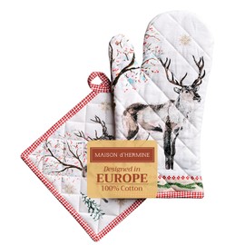 Maison d’ Hermine 100% Cotton Oven Mitt & Pot Holder Set (7.5x13 & 8x8 Inches) – Heat-Resistant Kitchen Mittens for Cooking, Baking & BBQ – Soft, Durable, Easy to Use, Rural Christmas - Thanksgiving