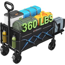 AMADA HOMEFURNISHING Wagon Cart Foldable, Collapsible Wagon Cart with 360 LBS Max Load & Expandable Storage, 90L Foldable Grocery Cart with 2 Cup Holders for Outdoor, Groceries, Garden & Camping