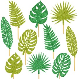 Tropical Leaves Centerpiece Decorations for Table 20pcs Glitter Green Palm Leaf Theme Centerpiece Sticks Hawaiian Luau Birthday Decorations for Summer Jungle Theme Birthday Party Baby Shower Supplies