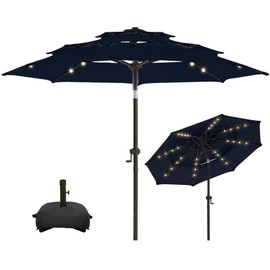 wikiwiki 10FT 3Tiers Solar LED Patio Umbrella with Base, Sturdy Outdoor Market Umbrella with Tilt, Crank and 32 LEDs for Terraces, Pool and Garden, Navy Blue