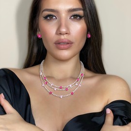 Ever Faith Hot Pink Rhinestone Layered Choker Necklaces, Sparkly Crystal Fashion Heart Statement 3 Strand Collar Necklace with Stud Earrings Colorful Costume Jewelry Gifts for Women