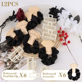 Bridesmaid Proposal Gifts, 12 PCS Bridesmaids Silk Hair Scrunchies & Pearl Hair Clips Set for Women Girls Bachelorette Party Favors Bridal Shower Favors Bridesmaids Gifts for Wedding Day