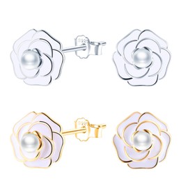 MICMIF Women's 925 Silver Camellia Flower Stud Earrings Sterling Silver, White Enamel Petal, Earrings Pearl Flower Jewellery Gifts for Women Girls, Pearl Enamel 925 sterling silver Pearl enamel, Pearl