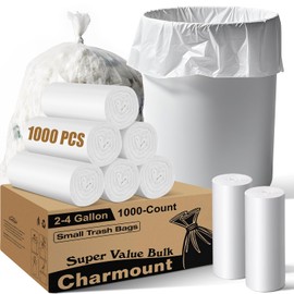 Charmount Small Trash Bags 2-4 Gallon 1000 Count, Unscented White Plastic Wastebasket Liners for Bathroom, Mini Garbage Can or Bin