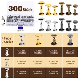 300 Sets Leather Rivets, 3 Sizes Leather Rivets with Double Round Cap, Tubular Metal Rivets for Leather Craft Repairs and Decorations (Silver)