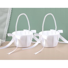 Juego de 2 cestas de flores para niña de flores, color marfil con mango de perla, cestas de boda para niñas de flores