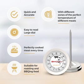 Silk Route Home Meat Thermometer Multi-Purpose Perfectly Cooked Meat Stainless Steel Internal Probe Analogue 11.5cm
