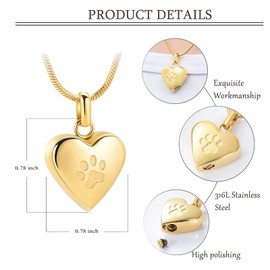 Pet Cremation Jewellery for Ashes Pendant Paw Print Pet Heart Urn Necklace Memorial Keepsake Jewellery for Pet/Dog/Cat Ashes, Stainless Steel, No Gemstone