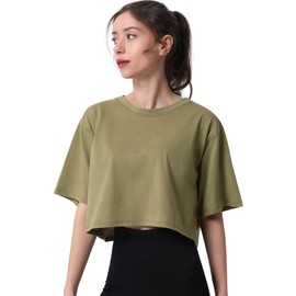 Xelky 4 Pack Womens Crop Casual Tops Tshirt Cotton Loose Workout Short Sleeve Round Neck Tee Yoga Running Shirts Black/White/Army Green/Rose S