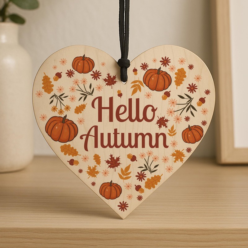 Red Ocean Hello Autumn Decorations Hanging Wooden Heart Plaque Autumn
