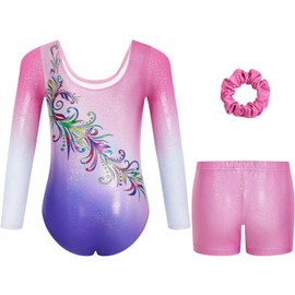 Gogokids Girls' Three-Piece Longsleeve Gymnastics Leotard Set - Kids Gymnastics Outfits with Gradient Sequin Design Includes Leotard, Shorts and Hair Tie, Sparkling Ballet Unitards for Ages 3-12
