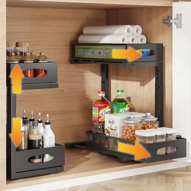 staocean 2PCS Under Sink Organizers,2 Tier Multi Purpose Sink Organizers,Pull Out Under Sink, Adjustable 5 floor Height Storage For Bathroom Kitchen Sink Storage