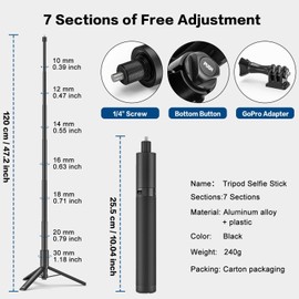 Selfie Stick Tripod for GoPro Insta360, 120 cm Monopod Extendable Selfie Stick Tripod Accessory for GoPro Hero 13/12/11/10/9/8 Black Insta360 X4 X3 One X2/RS DJI Osmo Action 5 Pro