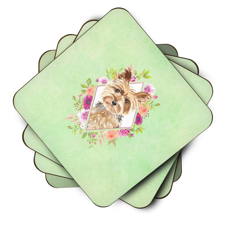Caroline's Treasures CK4357FC Yorkie Green Flowers Foam Coaster Set of