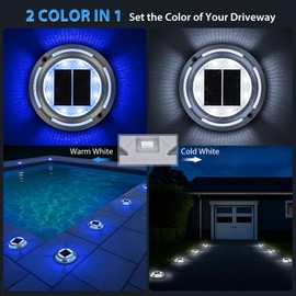 UGDLUCK Solar Deck Lights,12 Pack Driveway Dock Light 2 Colors in 1 Solar Powered Lights Outdoor IP68 Waterproof Driveway Marker for Warning Step/Garden/Sidewalk/Pathway/Yard (Blue & Cool White)