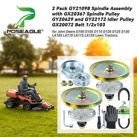 POSEAGLE 2 Pack Pre-Greased GY21098 Spindle Assembly with GX20367 Spindle Pulley GY20629 and GY22172 Idler Pulley GX20072 Belt 1/2x103 for John Deere D100 D105 D110 D120 D125 D130 LA105 Lawn Tractors