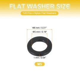 PATIKIL M5 Nylon Flat Washers, 120 Pcs 5mm ID 8mm OD 1mm Thick Plastic Sealing Flat Round Washer Spacer Gaskets Replacement for Plumbing Faucet Hose Fastener Bolt, Black