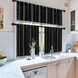 MitoVilla Black White Boho Kitchen Curtains 24 Inch Length Sets, 2 Panels Farmhouse Cafe Curtains with Tassel, Short Tier Small Cotton Linen Curtain for RV Bathroom Sink Cabinet Half Door Bay Windows