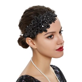SLSHJY Rhinestone Headband 1920s Great Gatsby Vintage Headpiece Flapper Headband Bride Wedding Hair Accessories for Women (Black-4)