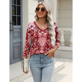 Zeagoo Womens Boho Shirts 3/4 Sleeve Tops Floral Print V Neck Tunic Top Dressy Casual Shirts L