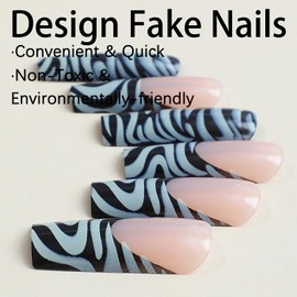 FOXIIU Press on Nails Coffin Long Length Glossy Full Cover Acrylic Coffin Shape French False Nails with Zebra Strips Designs Artificial Ballerina Square Fake Nails Glue Stick on Fingernails for Women