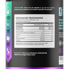 Ácido Alfa Lipoico de 180 Cápsulas 1000 mg por porción. Adicionado con Curcuma. Ingredientes naturales. Alpha Lipoic Acid. B Life