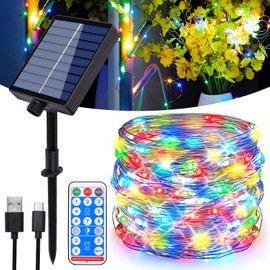 Hopelit Outdoor Solar Fairy Lights, 30 m, 300 LEDs, Fairy Lights, Outdoor Solar Fairy Lights, Copper Wire, IP65 Waterproof with Remote Control, 8 Modes for Christmas Decoration, Balcony Decoration, Garden, Colourful