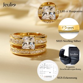Jeulia Women's Sterling Silver Ring Set, Princess Cut, 4-Prong Diamond Ring Set, Jewellery for Bride, Wedding Ring, Engagement Ring, Sterling Silver, gold-plated