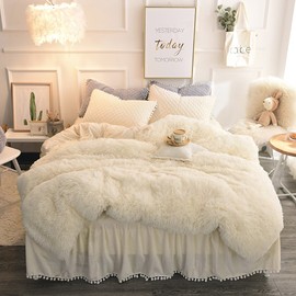 LIFEREVO Luxury Plush Shaggy Duvet Cover Set (1 Faux Fur Duvet Cover + 1 Pompoms Fringe Pillow Sham) Solid, Zipper Closure (Twin, Light Beige)
