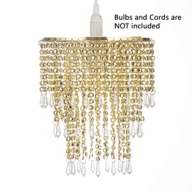 Waneway Acrylic Chandelier Shade, Ceiling Light Shade Beaded Pendant Lampshade with Crystal Beads and Gold Frame for Bedroom, Wedding or Party Decoration, Diameter 8.7 inches, 3 Tiers, Gold