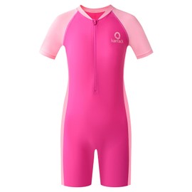 karrack Trajes de baño de una pieza para niñas adolescentes con protección pectoral, cortos para deportes acuáticos, protección solar UPF 50+, color rosa (talla 14-16 años)