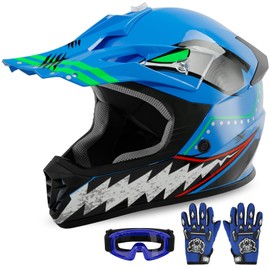 XFMT Kids Dirt Bike Helmet Youth Motorcycle Helmet DOT-Certified Full Face Helmets for Motocross ATV Off-Road Street Bike with Goggles & Gloves, Blue Shark Large