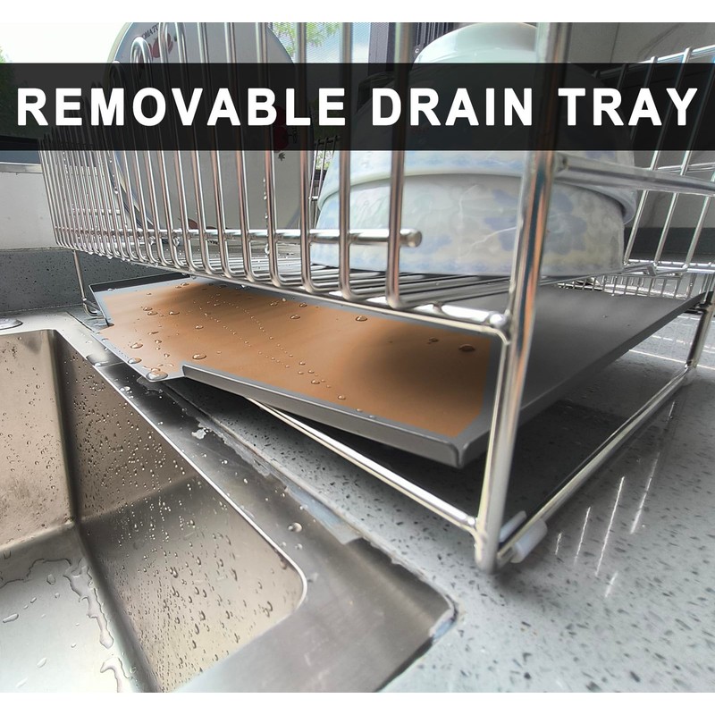 OMBIZNY Dish Drying Rack with Removable Flatware Basket and Drain