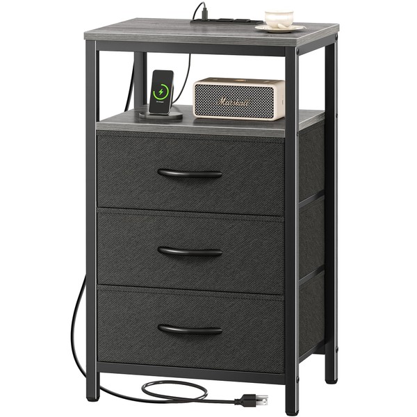 Huuger Nightstand with Charging Station, 27.6 Inch Side Table with Fabric Drawers, End Table Bedside Table with USB Ports and Outlets, Night Stand for Bedroom, Charcoal Gray
