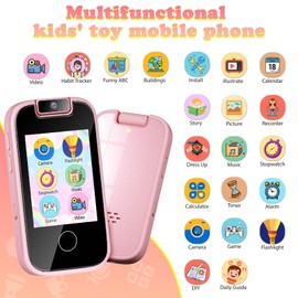 PTHTECHUS Kids Phone Toys for Girls Boys - Toddler Touchscreen MP3 Music Player with Dual Camera, Habit Tracker, Games, Alphabet, Educational Learning Toys Birthday Gifts for 3-7 with SD Card Pink