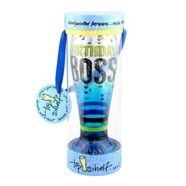Top Shelf Tall Painted "Birthday Boss" Pilsner Glass ; Decorative Beer Glasses for Friends and Family ; Unique Gift Ideas for Dad, Mom, Brother, and Sister ; Multicolor